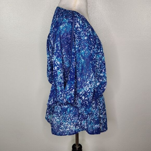 a.n.a Blue Tropical Print Chiffon Semi Sheer Kimono Sleeve Blouse Size XL - Picture 7 of 13